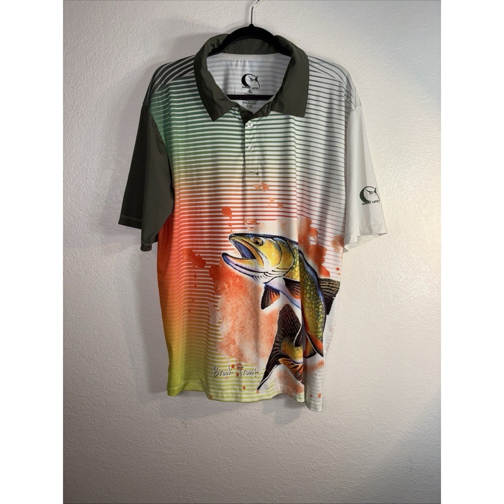 Wave Life Performance Polo Shirt Mens White w/green+orange stripes Size XL Fish